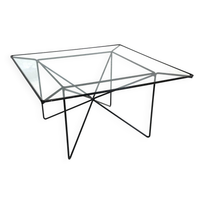 Table basse vintage en acier et fil et verre 1970
