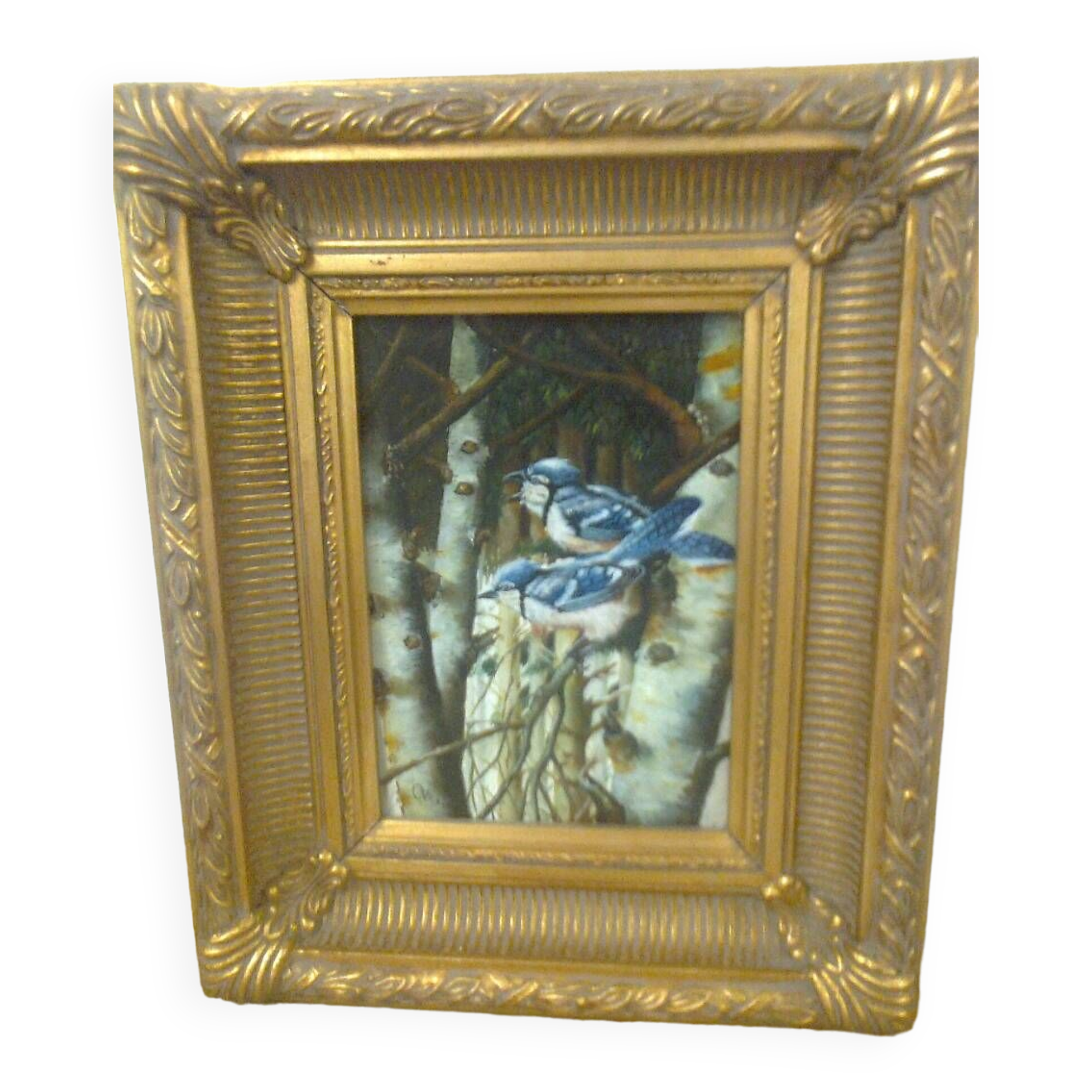 Painting on wood, gilded carved frame, image: blue birds / birches in winter
