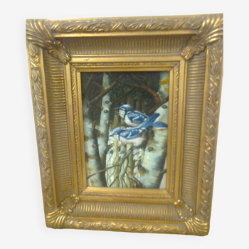 Peinture sur bois, cadre sculpté doré, image : oiseaux bleus / bouleaux en hiver