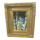 Painting on wood, gilded carved frame, image: blue birds / birches in winter