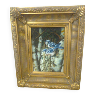 Painting on wood, gilded carved frame, image: blue birds / birches in winter