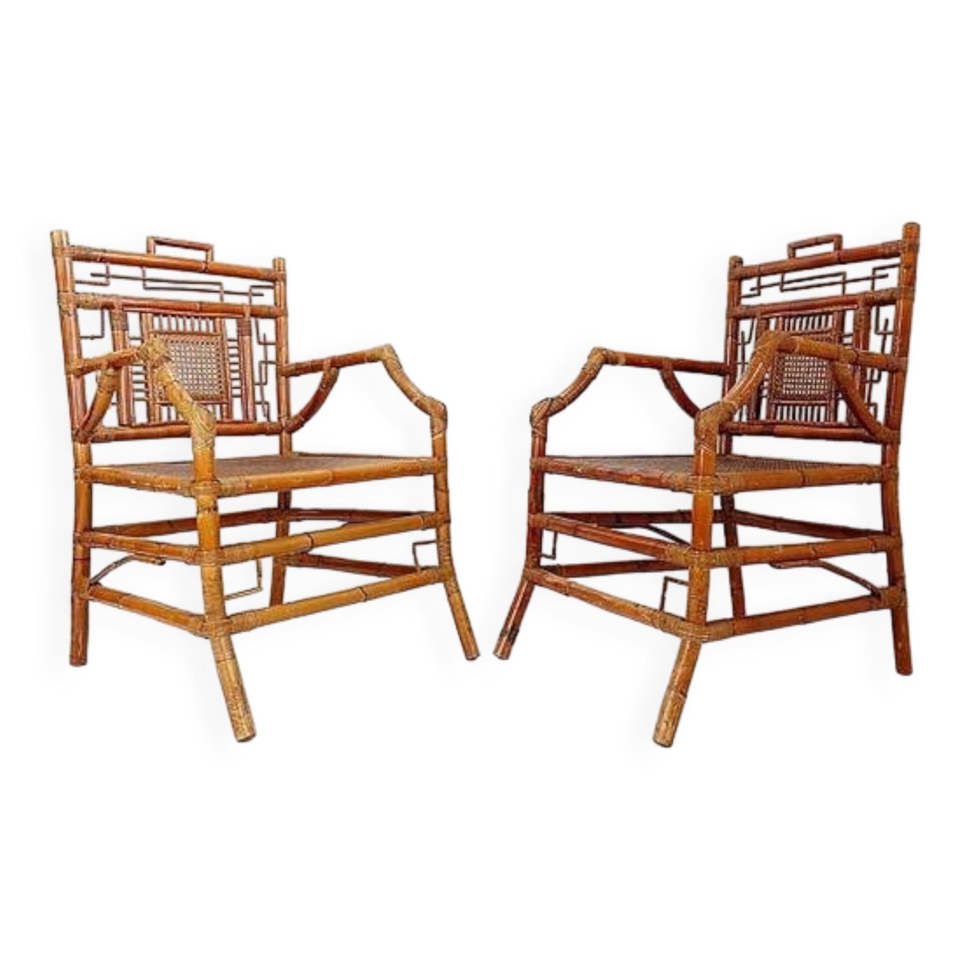 Pair of Asian style bamboo armchairs - France circa 1962
