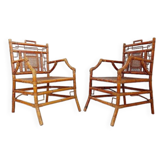 Pair of Asian style bamboo armchairs - France circa 1962
