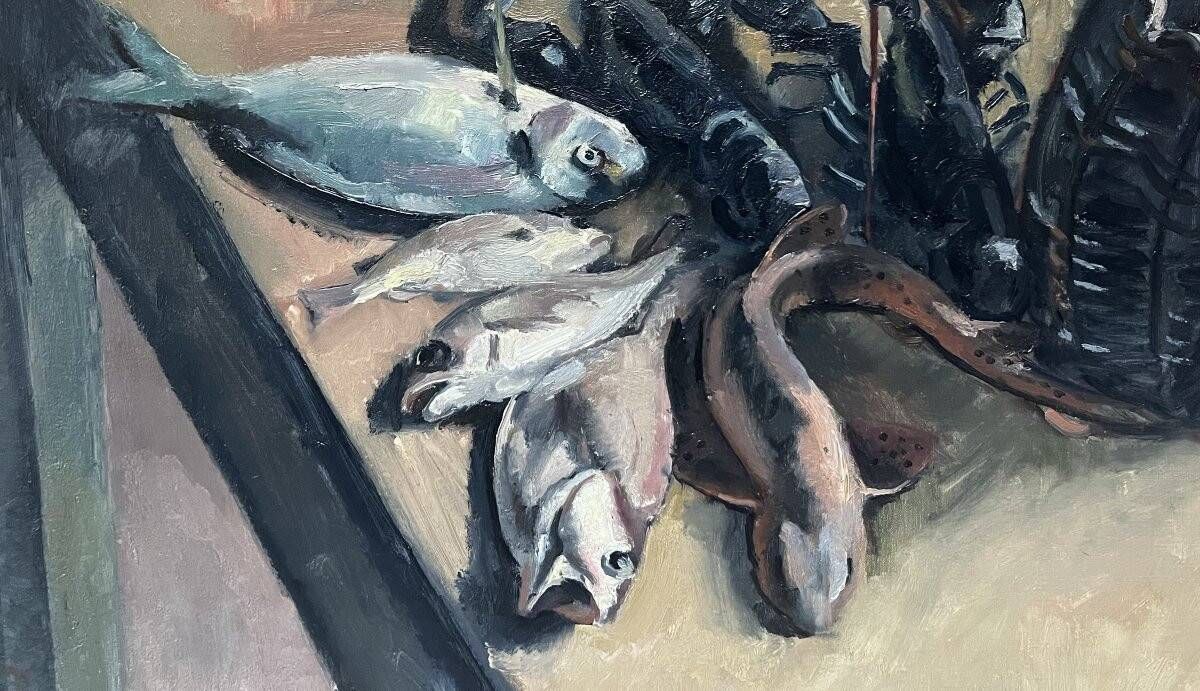 Still life with lobsters and fish, oil on canvas signed