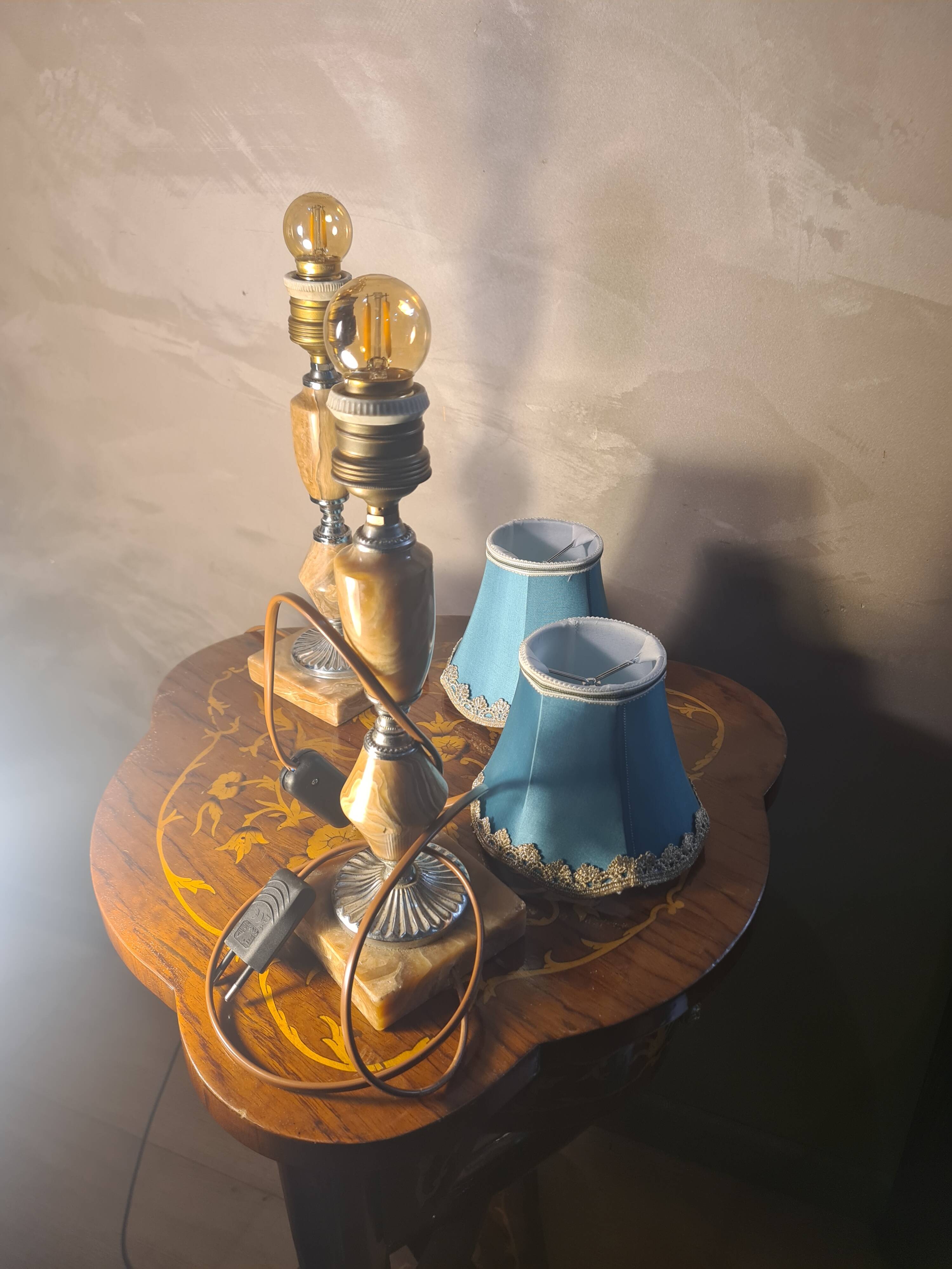 Pair of classic 1970 marble bedside lamps, new lampshades, electrical in working order, 39x14.