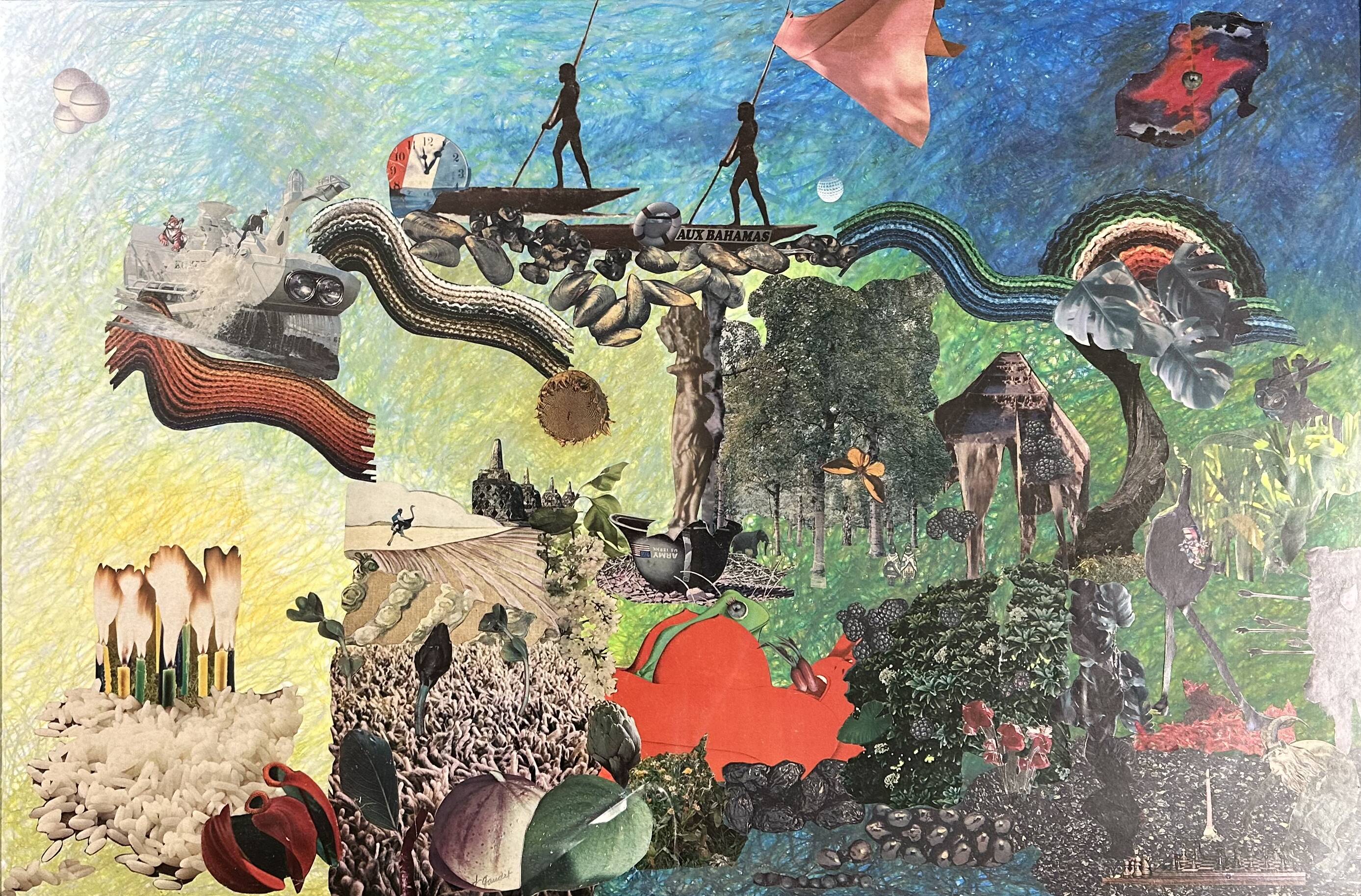 Very large surrealist collage framed by Alain Gaudet 1979