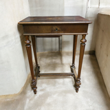 Antique wooden work table, inlaid top and interior mirror.