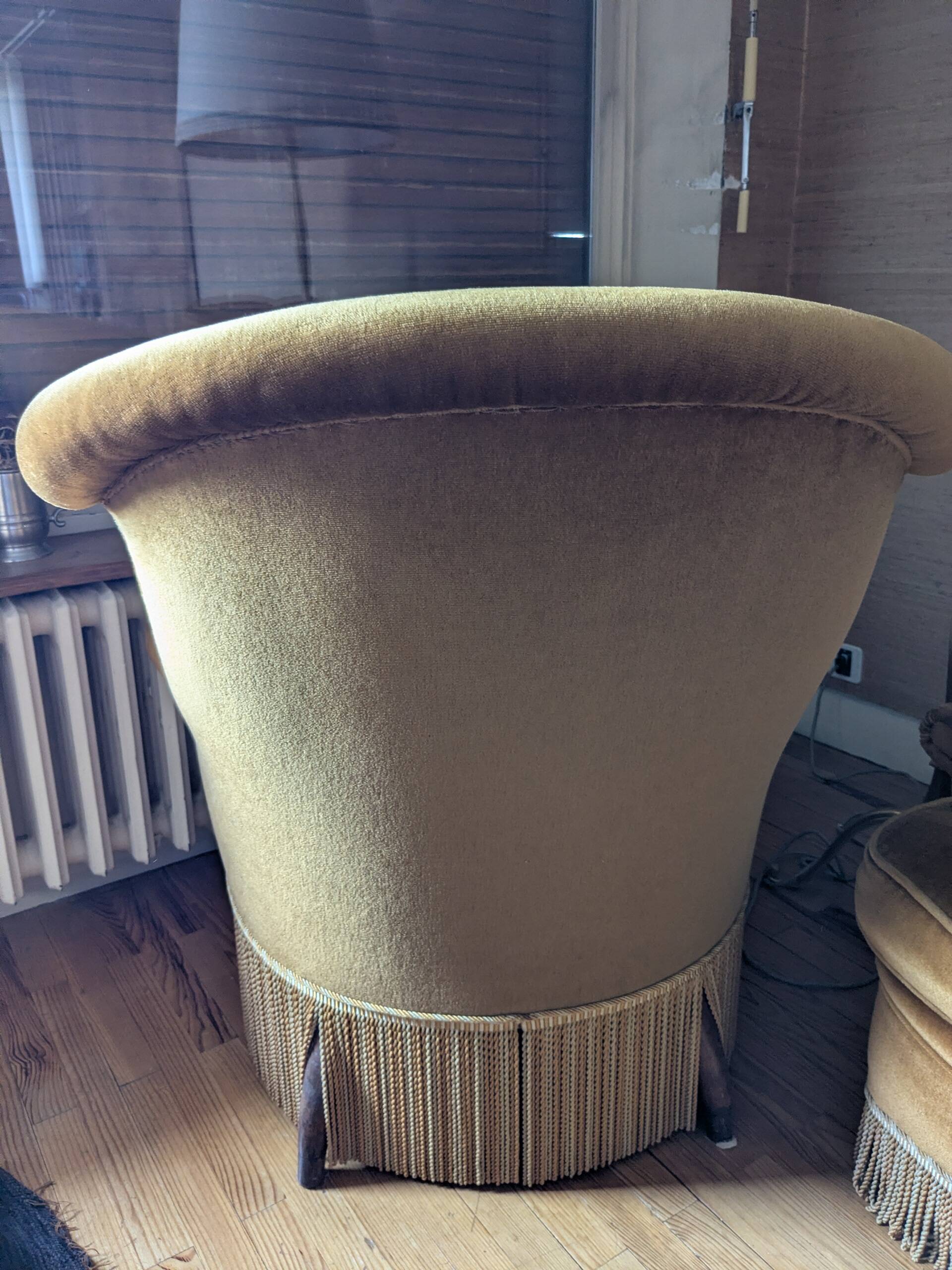 Caramel-coloured wool velvet armchair.