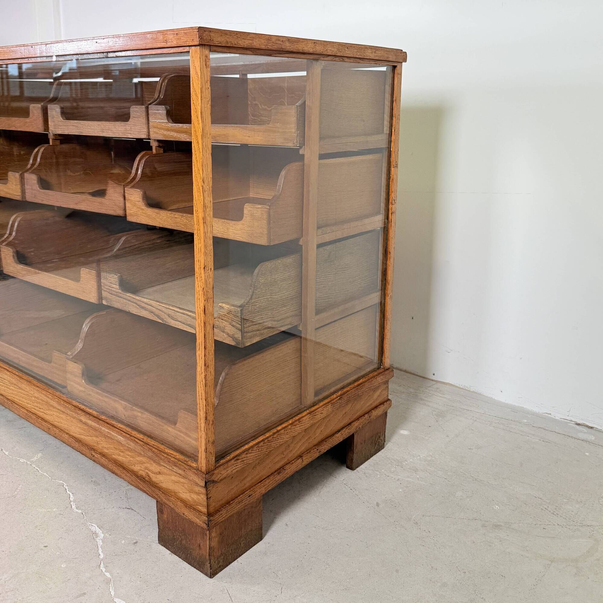 Solid Oak Haberdashery Glass Showcase with 16 Drawers – ca. 1940s