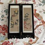 Paravent de table chinois en papier de soie peint, bois et verre