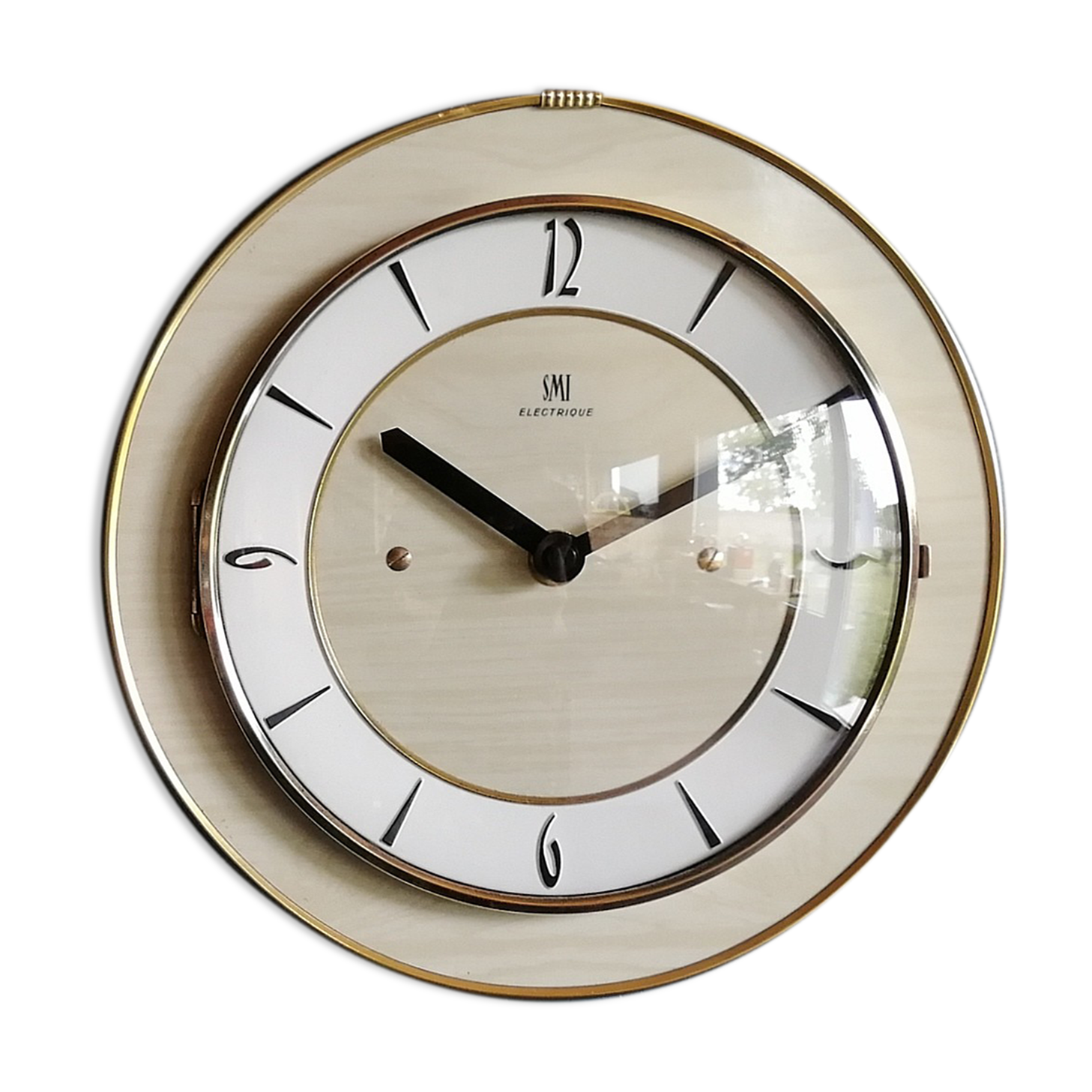 Formica vintage clock round silent wall clock "SMI golden maple"