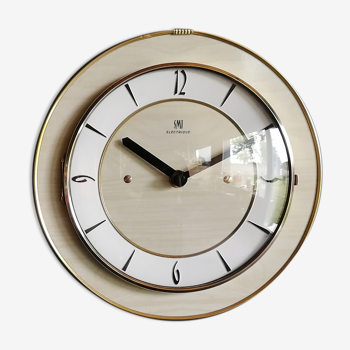 Horloge formica vintage pendule murale silencieuse ronde "SMI érable doré"