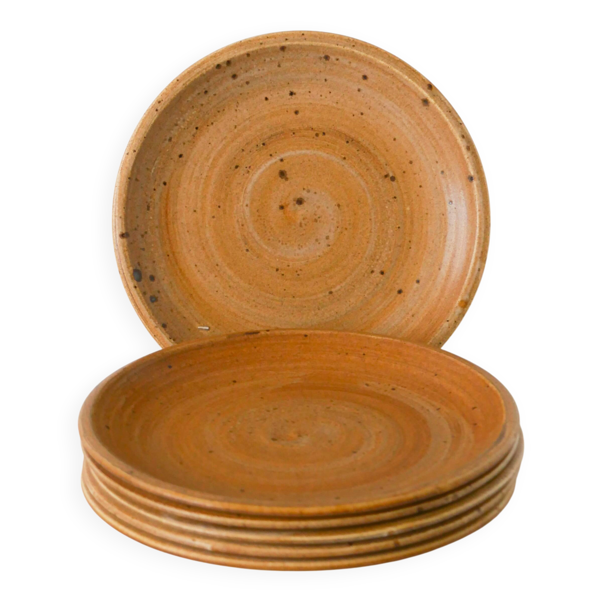 Set of 6 speckled stoneware dessert plates, handmade, 1970.