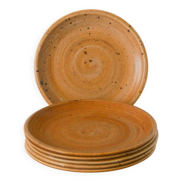 Lot de 6 assiettes à dessert en grès moucheté, fabrication artisanale, 1970