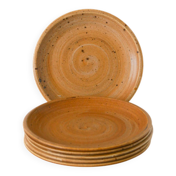 Lot de 6 assiettes à dessert en grès moucheté, fabrication artisanale, 1970