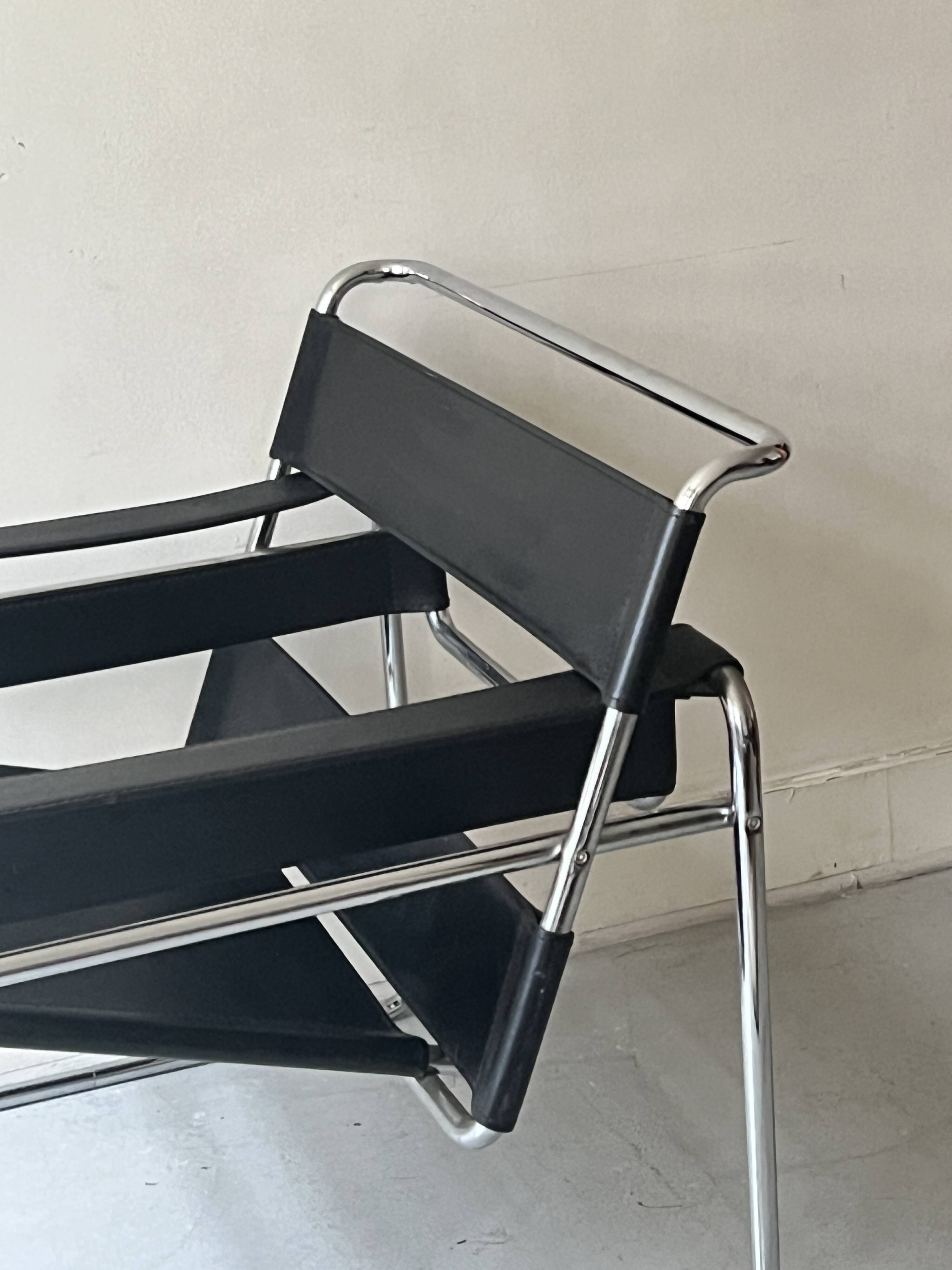 Wassily tubular armchair in chrome & black leather, designed by Marcel Breuer in 1970.