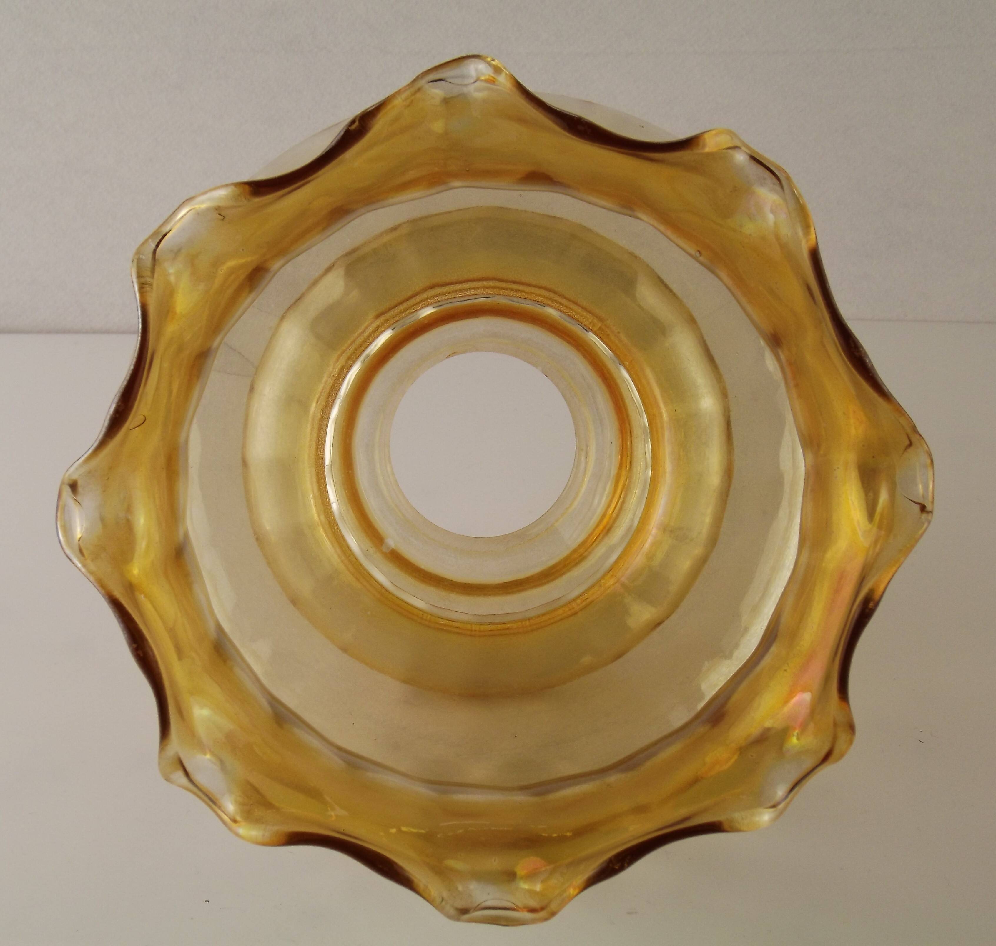 Large Mid Century Amber Glass Light Shade With Ribbed Effect & Frilled Edge