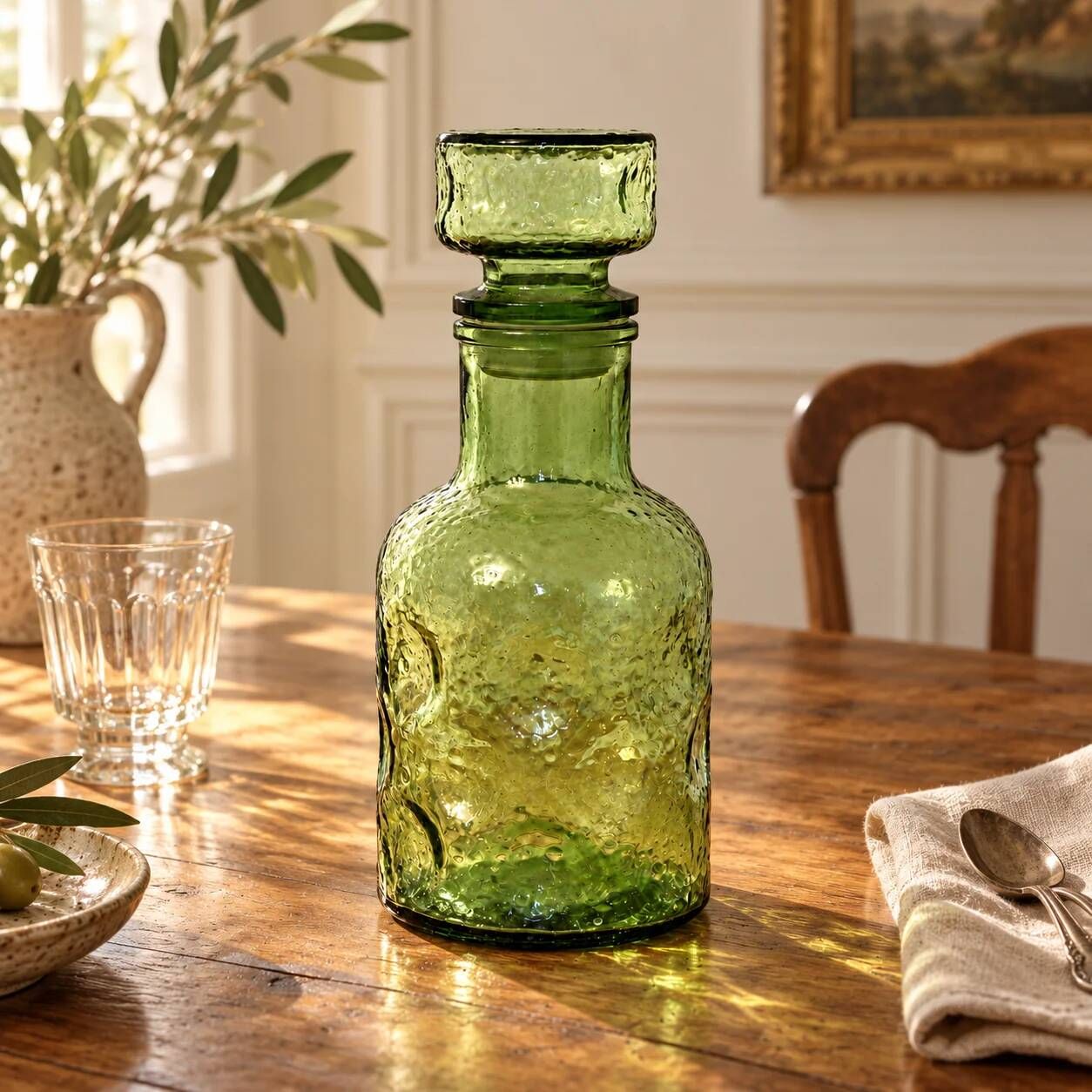 Carafe vintage en verre vert texturé avec bouchon assorti – H25 cm
