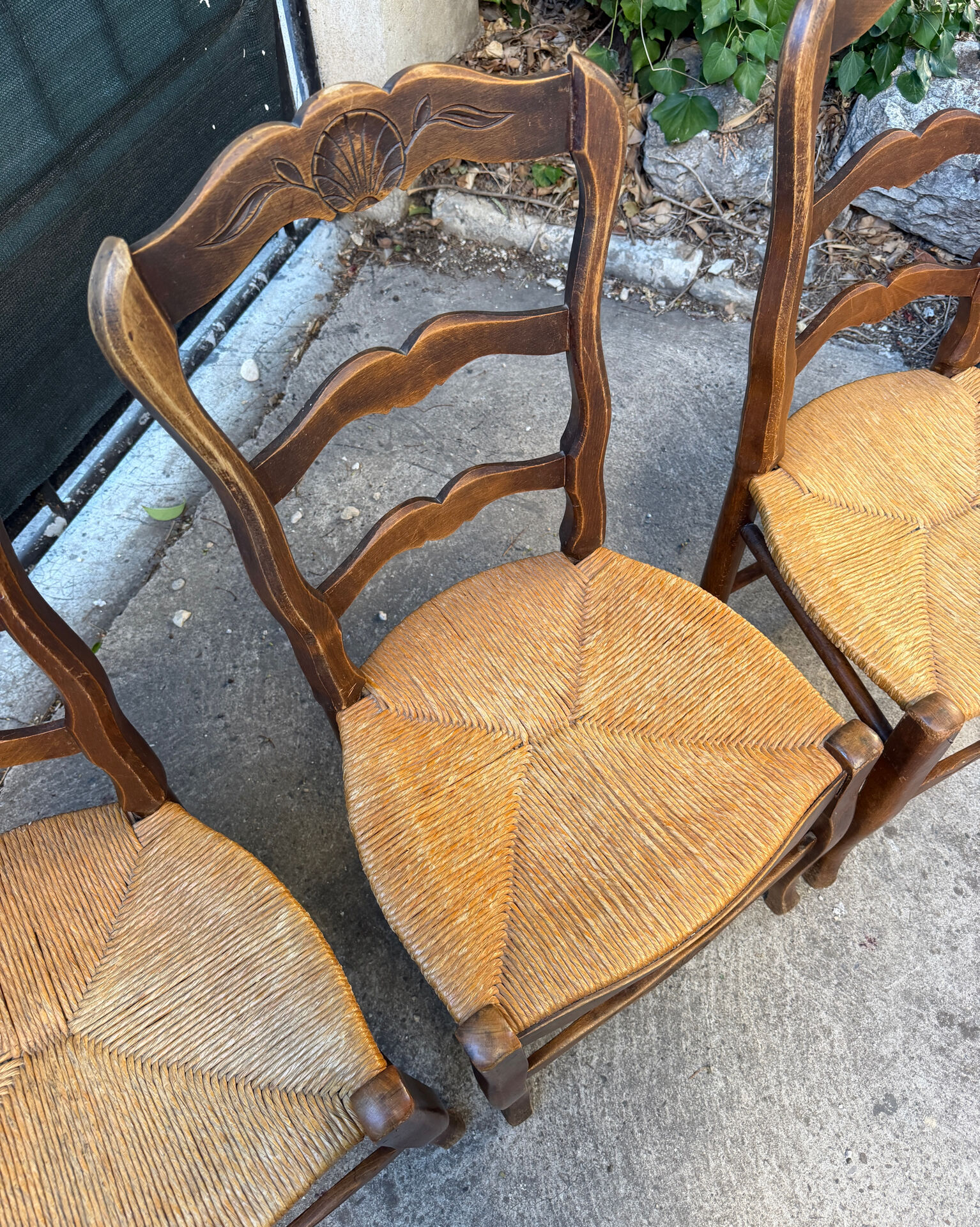 Set of 4 Provençal oak chairs with rush seats.