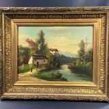 Lively mountainous landscape painting with river, gilded stucco wood frame, late 19th century