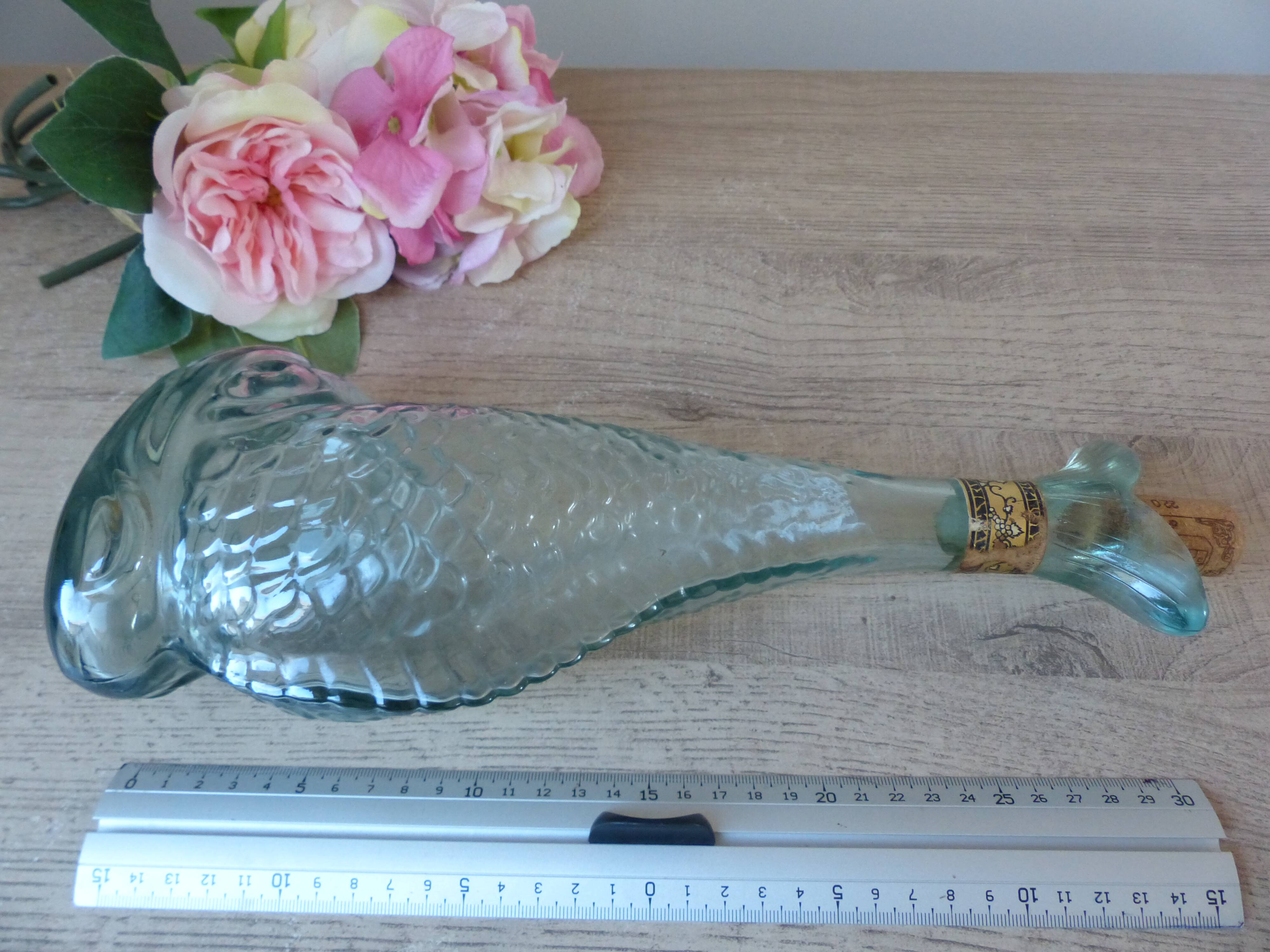 Vintage Italian glass fish bottle 75 cl, seaside decor 1970.