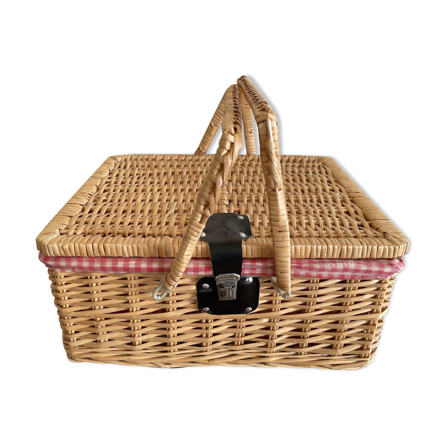 Large Suitcase, wicker picnic basket and red Vichy