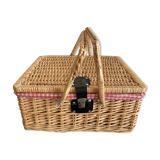 Large Suitcase, wicker picnic basket and red Vichy
