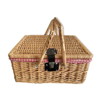 Large Suitcase, wicker picnic basket and red Vichy