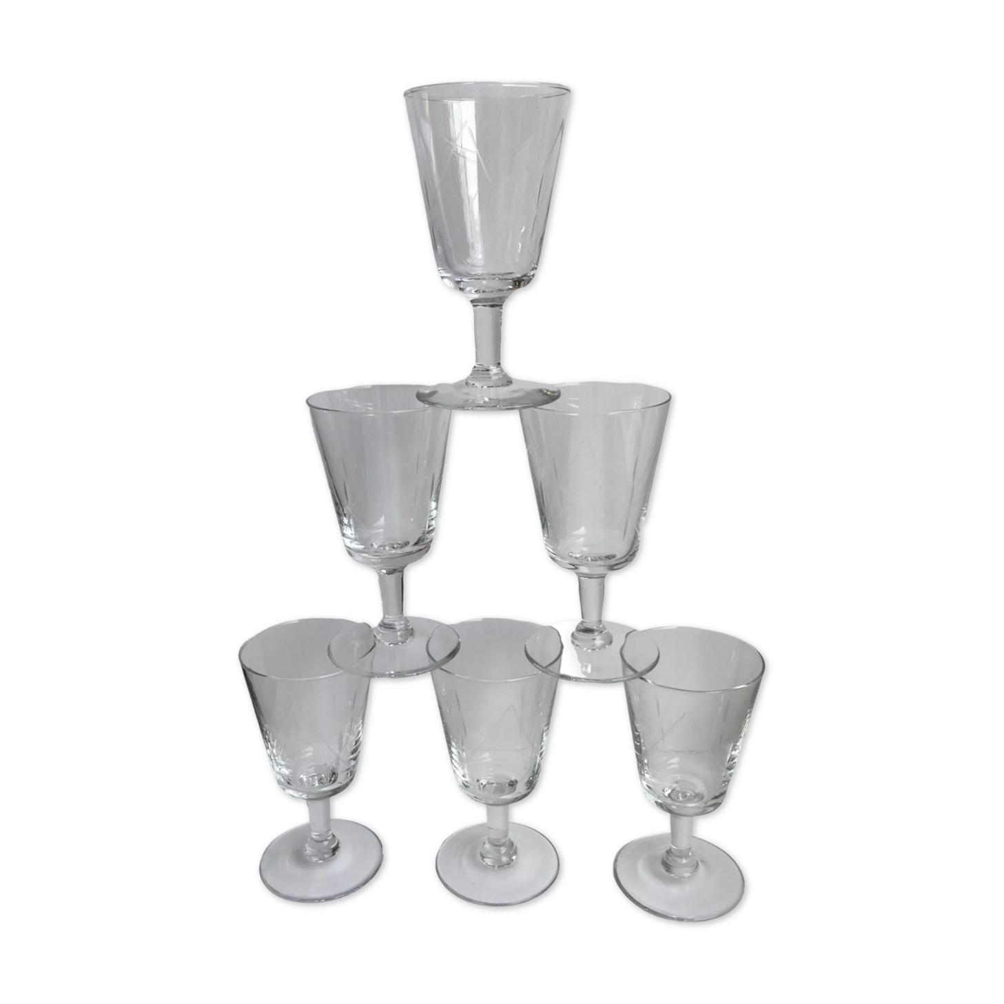 Set of 6 crystal wine glasses engraved 60s