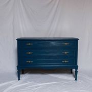 Restored vintage chest of drawers in navy blue, Louis XVI style.