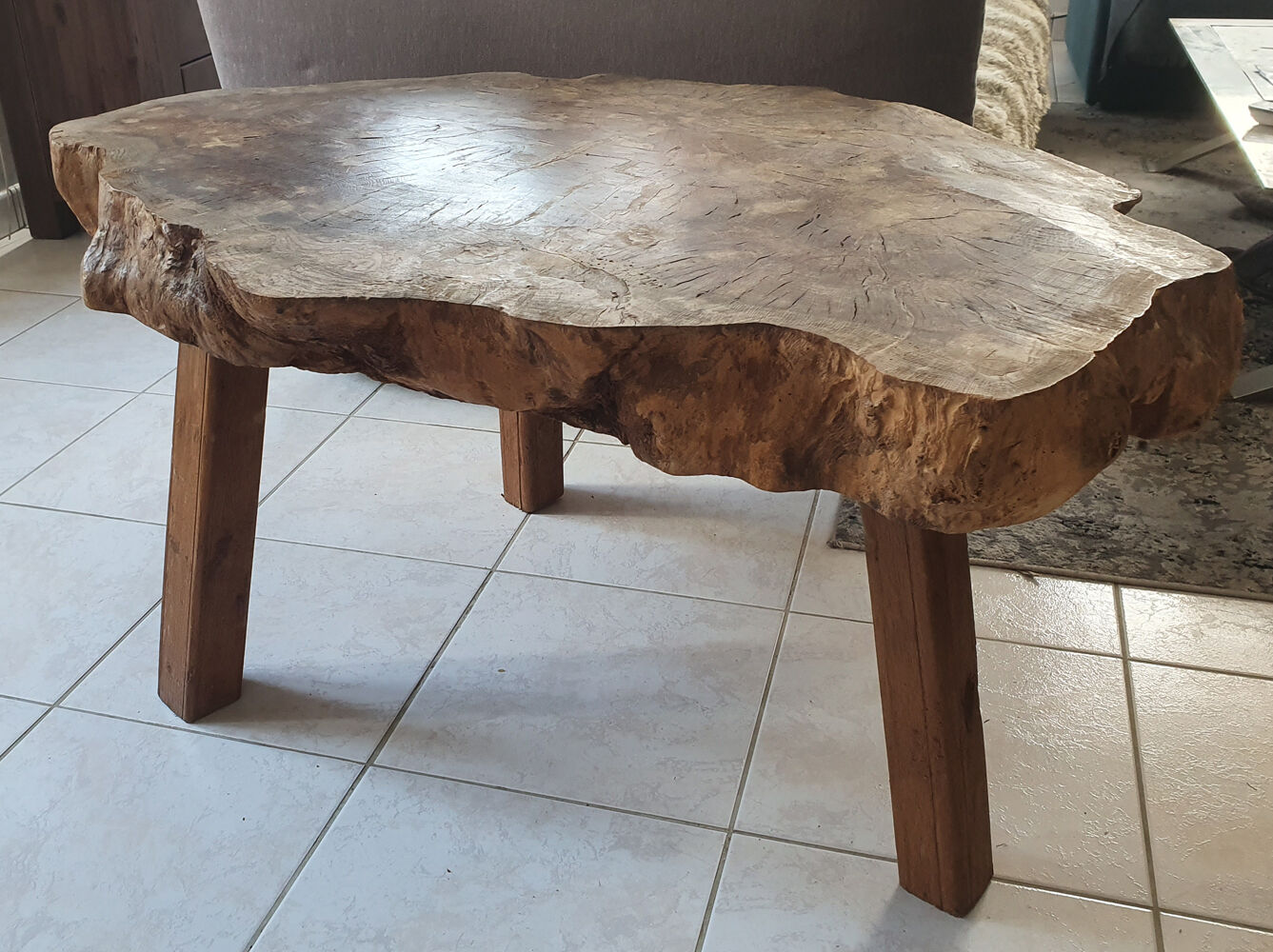 tree trunk table, brutalist, solid oak