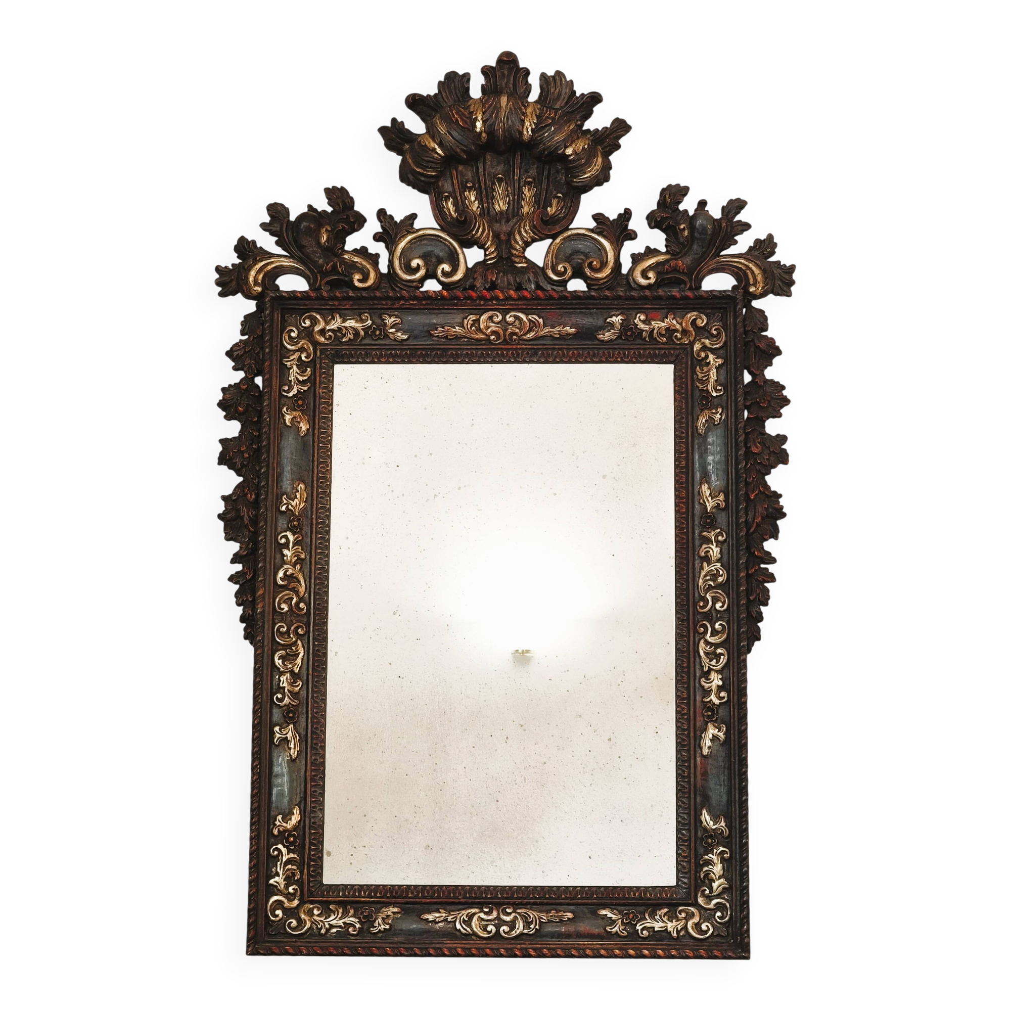 Grande Miroir Italien Sculpté, Bois Doré et Patiné, Style Baroque Rococo, A