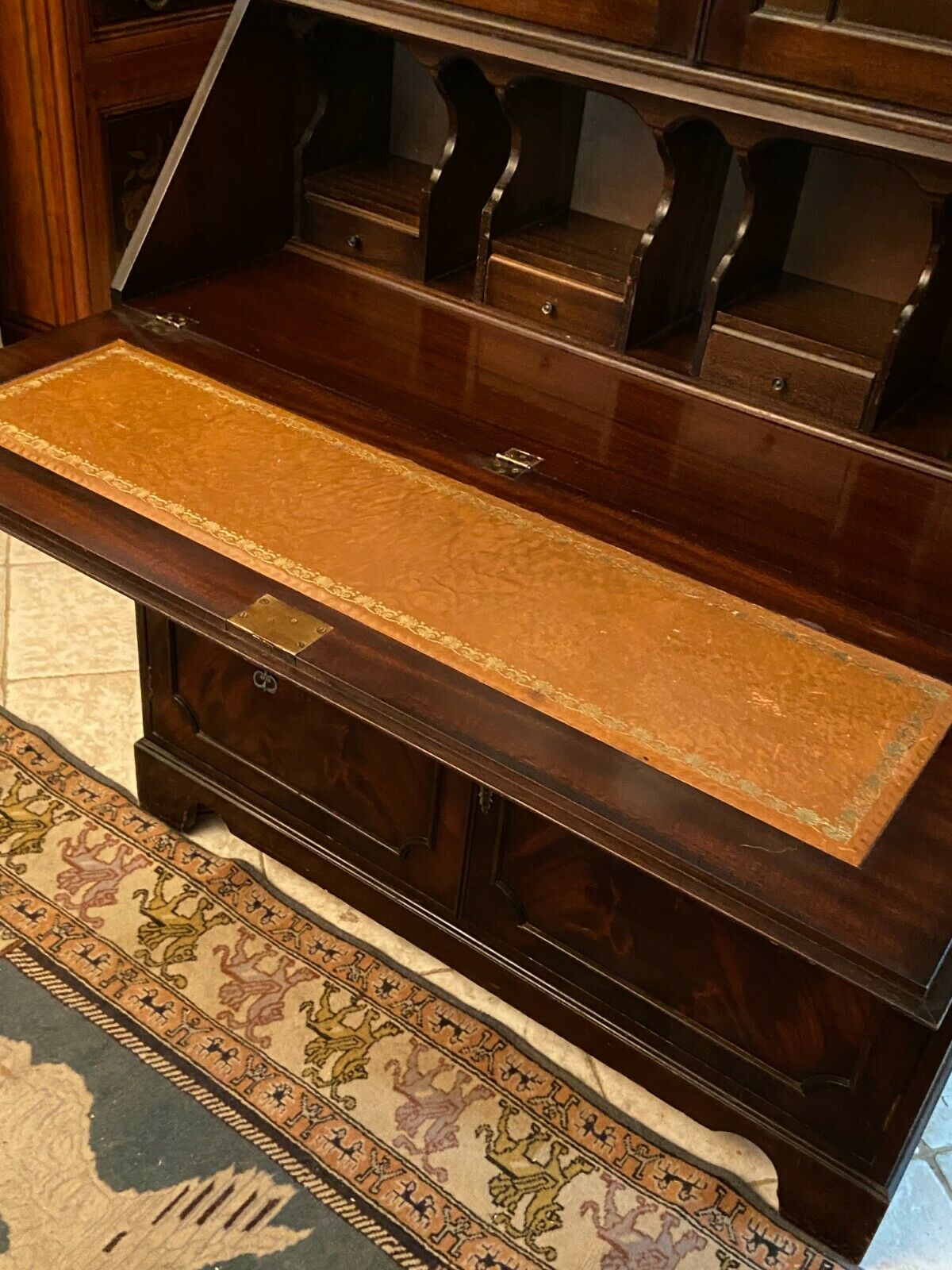 English Scriban two body secretary office showcase library in mahogany