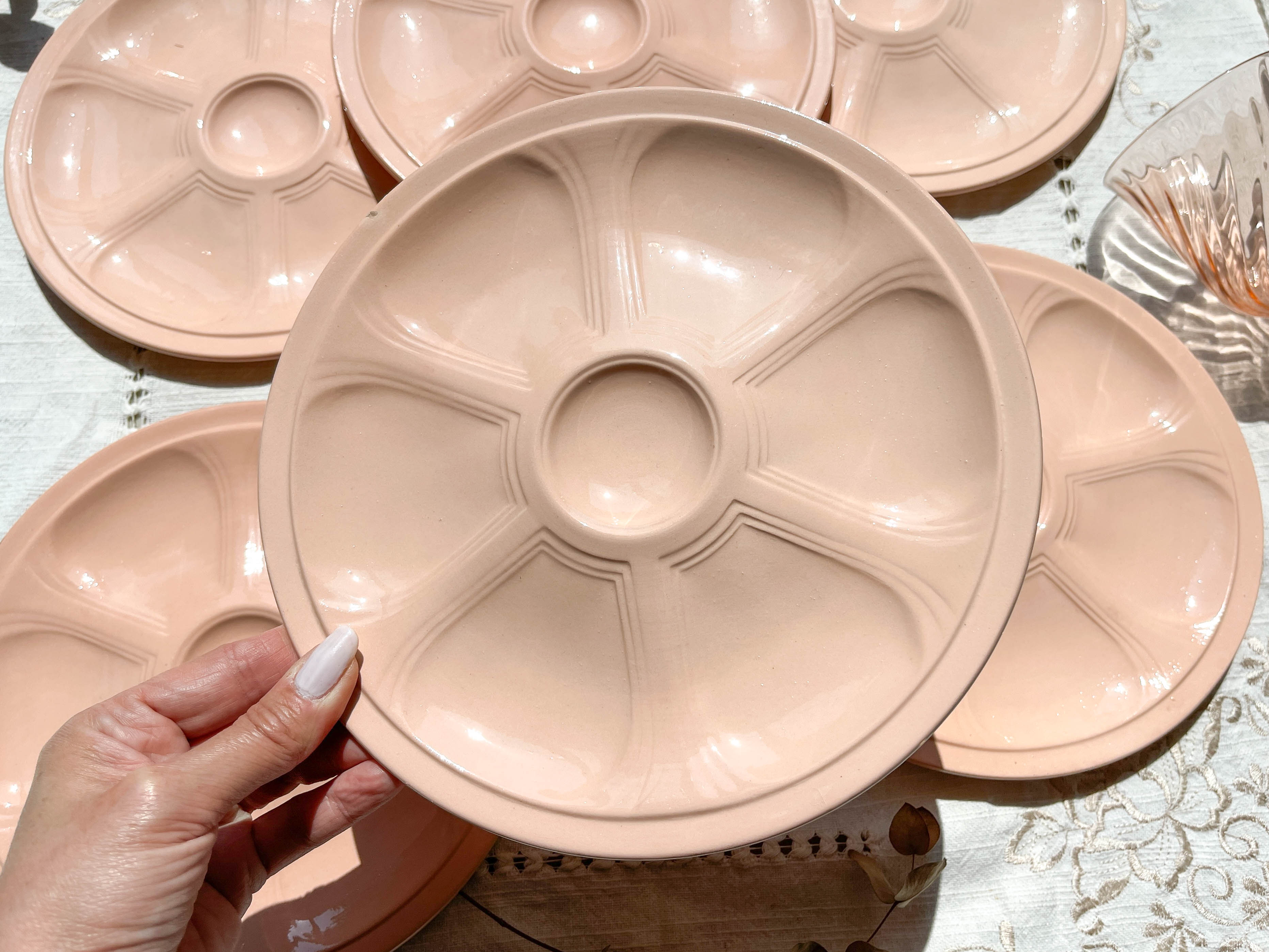 6 pink porcelain oyster plates from Digoin Sarreguemines