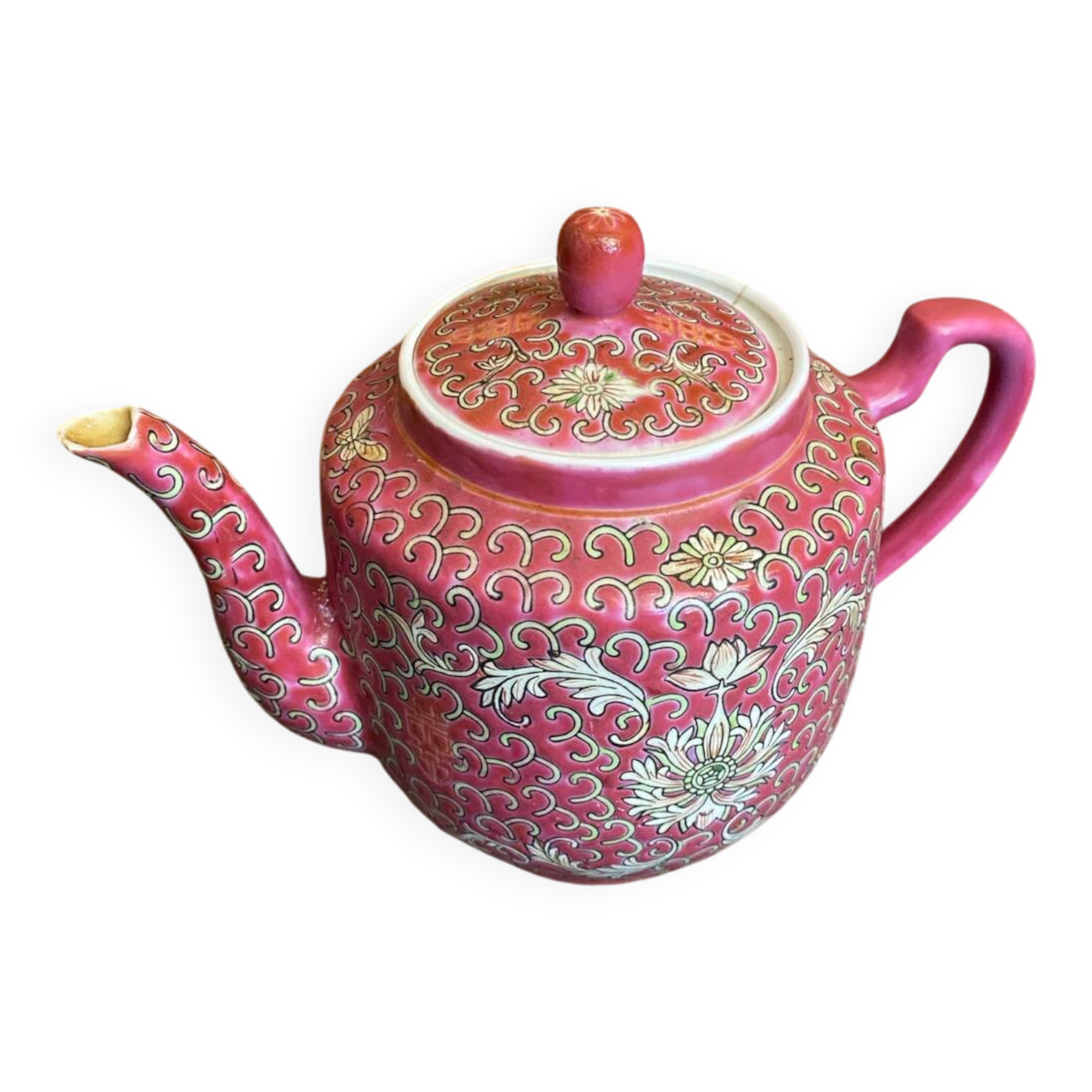 Antique MUN SHOU Teapot Pink Porcelain Flower Decor China Vintage #