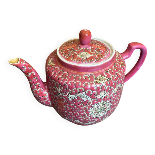 Théière Ancienne MUN SHOU Porcelaine Rose Décor Fleurs Chine Vintage #