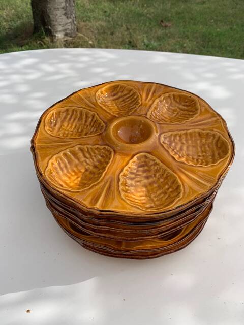 6 oyster plates, for 6 oysters, vintage glazed ceramic slip