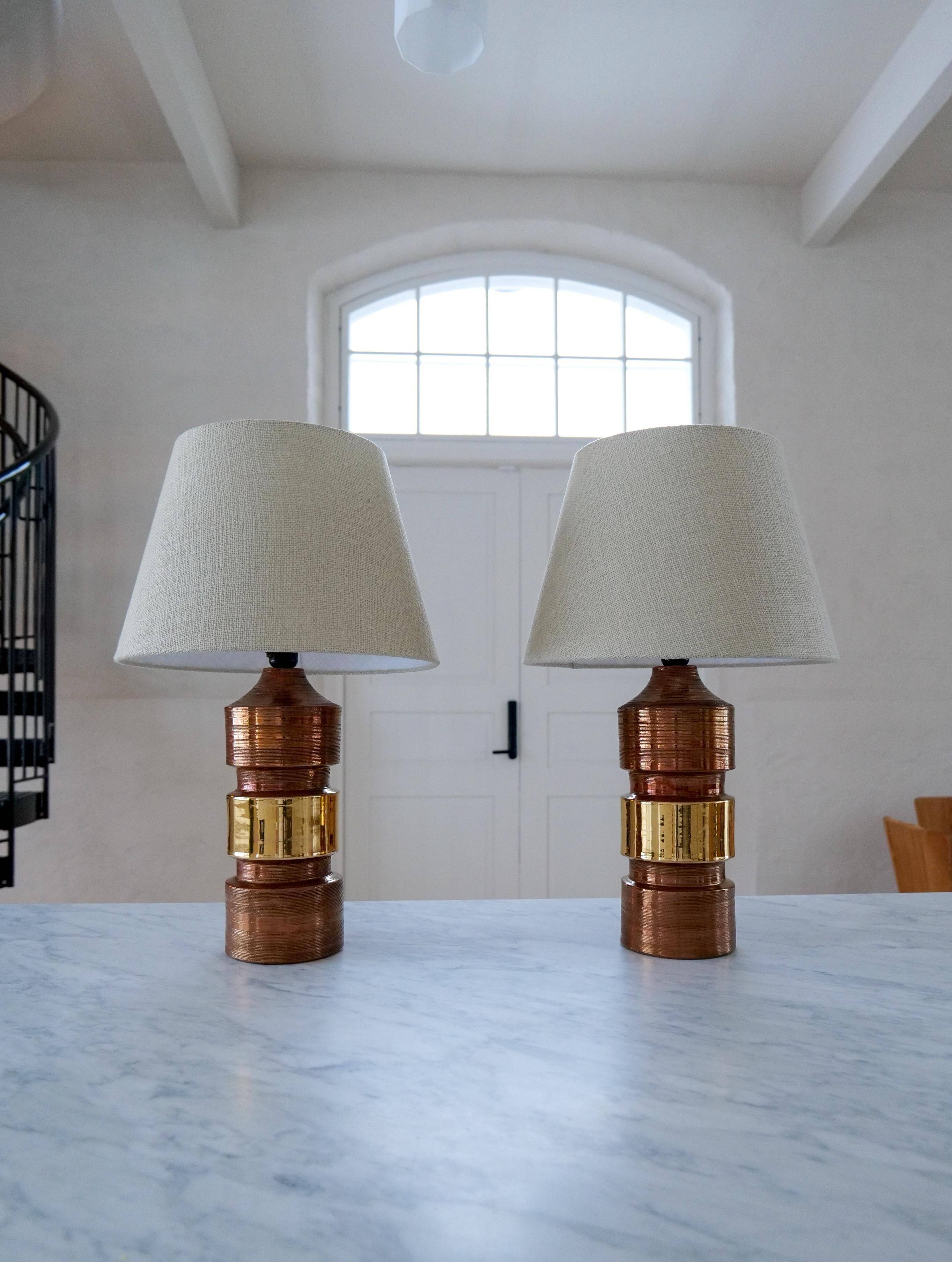 Vintage Bergboms Bitossi table lamps, ceramic with copper glaze, Sweden 1960s.