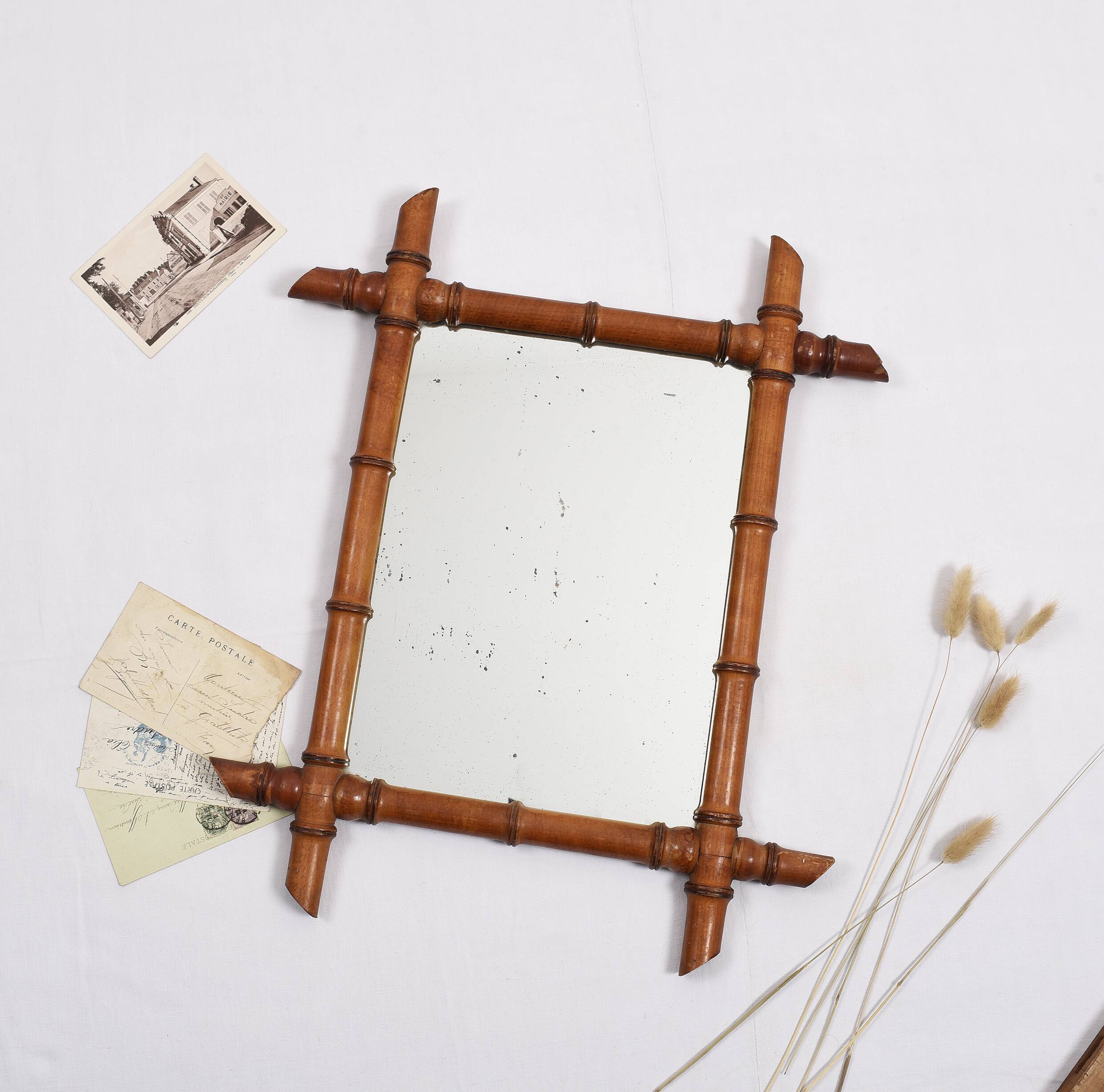 Old turned wooden mirror, bamboo imitation