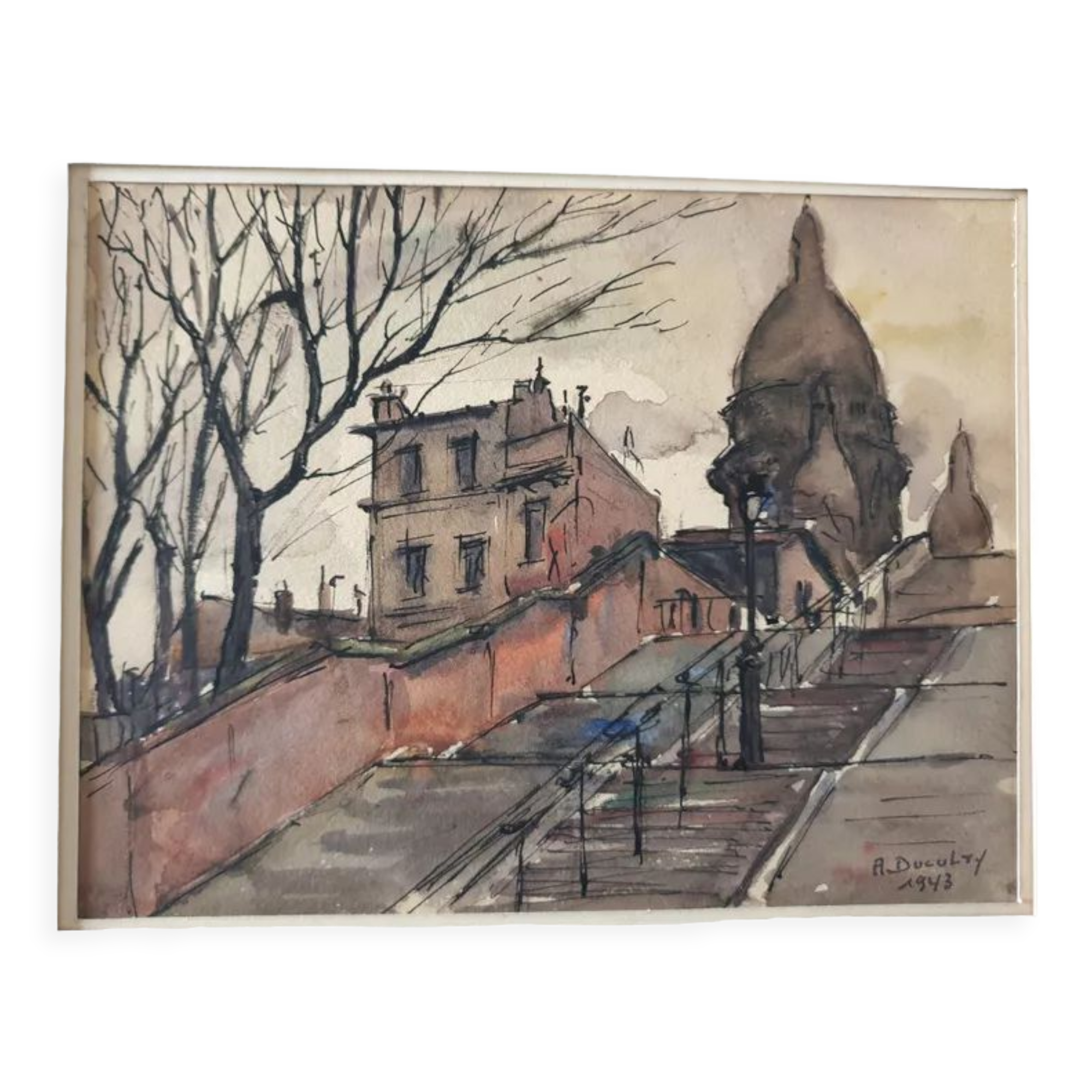 André Duculty (1912-1990) Watercolor on paper "Escaliers de la Butte Montmartre à Paris" Signed