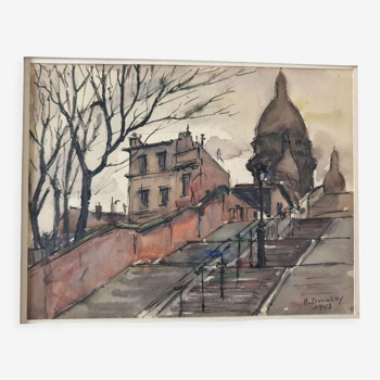 Aquarelle sur papier "Escaliers de la Butte Montmartre à Paris" Signée André Duculty (1912-1990)