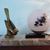 Art deco lamp, to pose, marble base, brass bird decoration, opaline - 40s