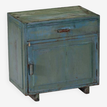 Blue bedside chest with teak wood drawer piece and original Indian patina