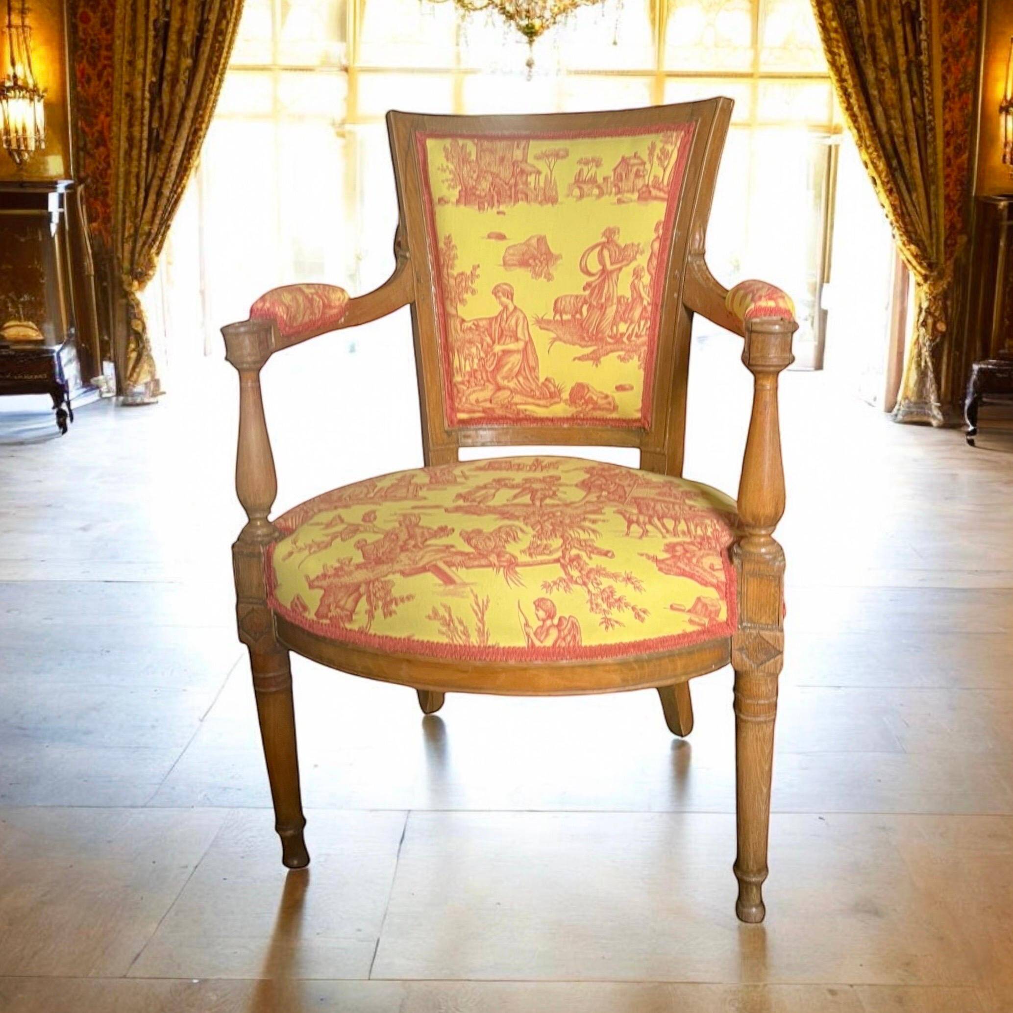 Louis XVI cabriolet armchair - Yellow and pinkish red Toile de Jouy - France