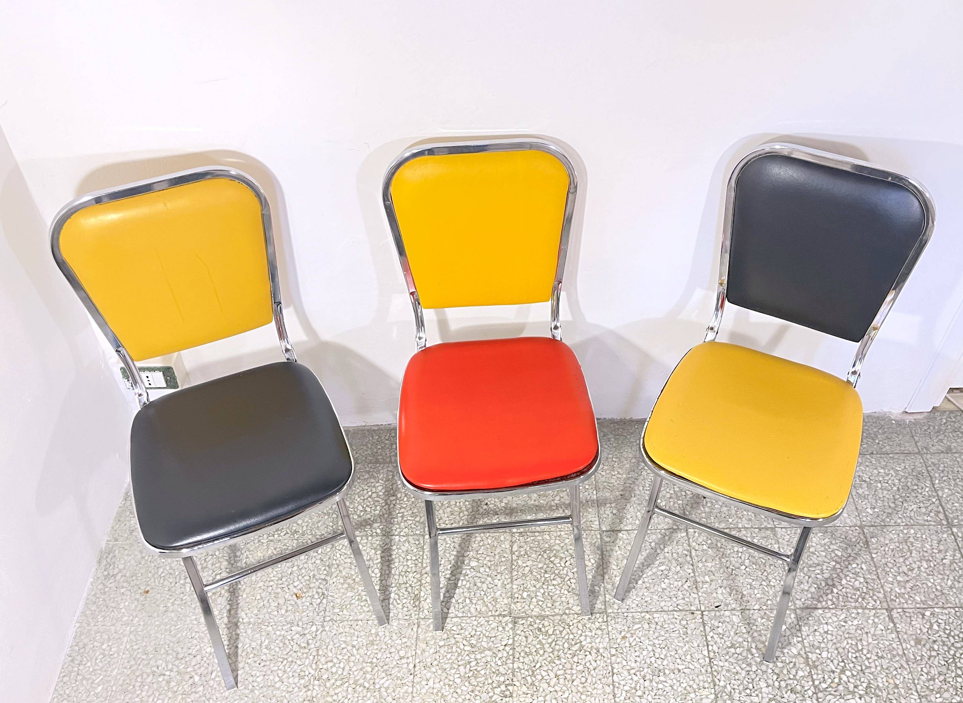 3 chrome & faux leather folding chairs, Elio Zema, Italy 1980s