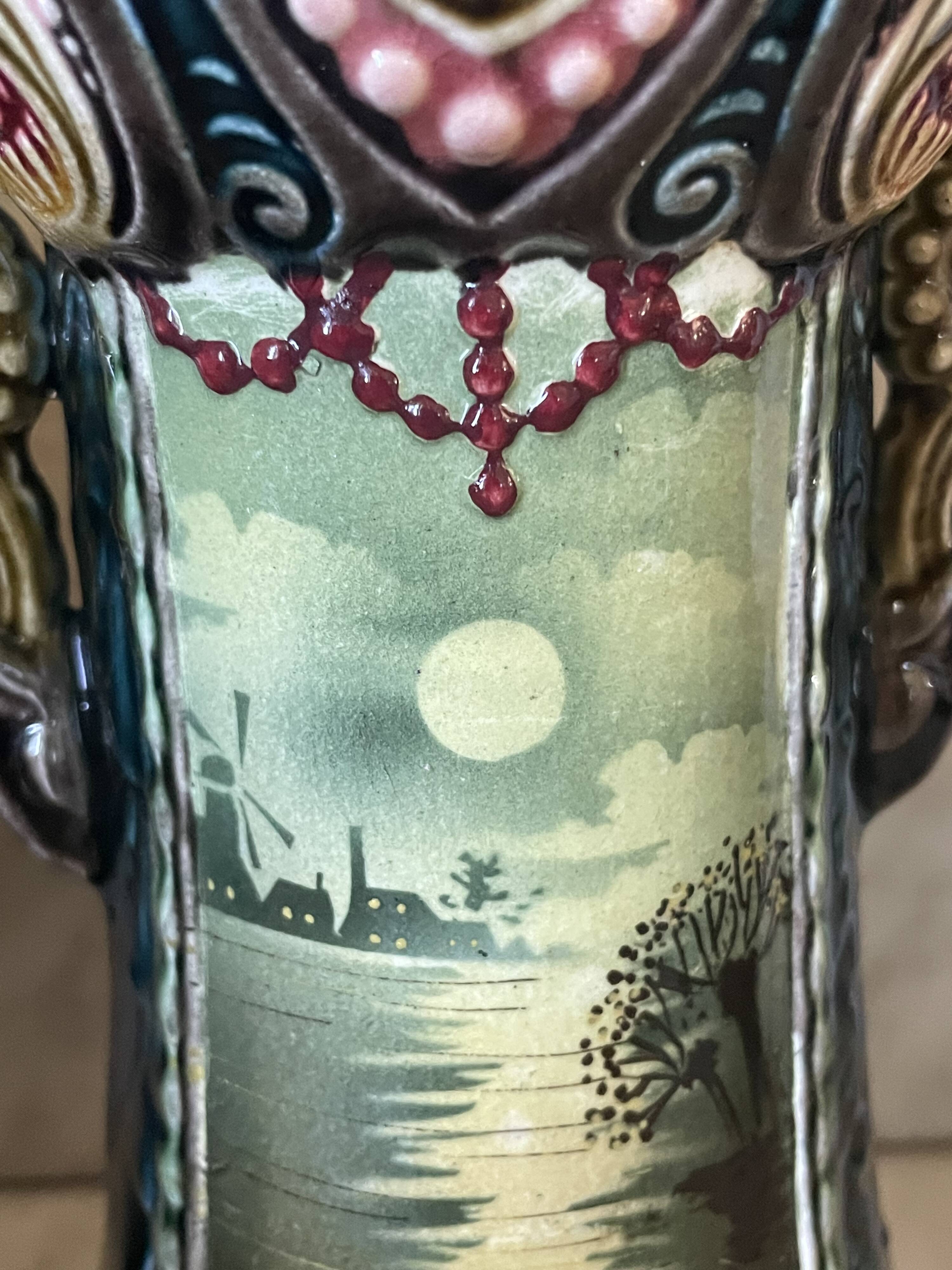 Pair of Art Nouveau slipware vases, hand-painted decoration.