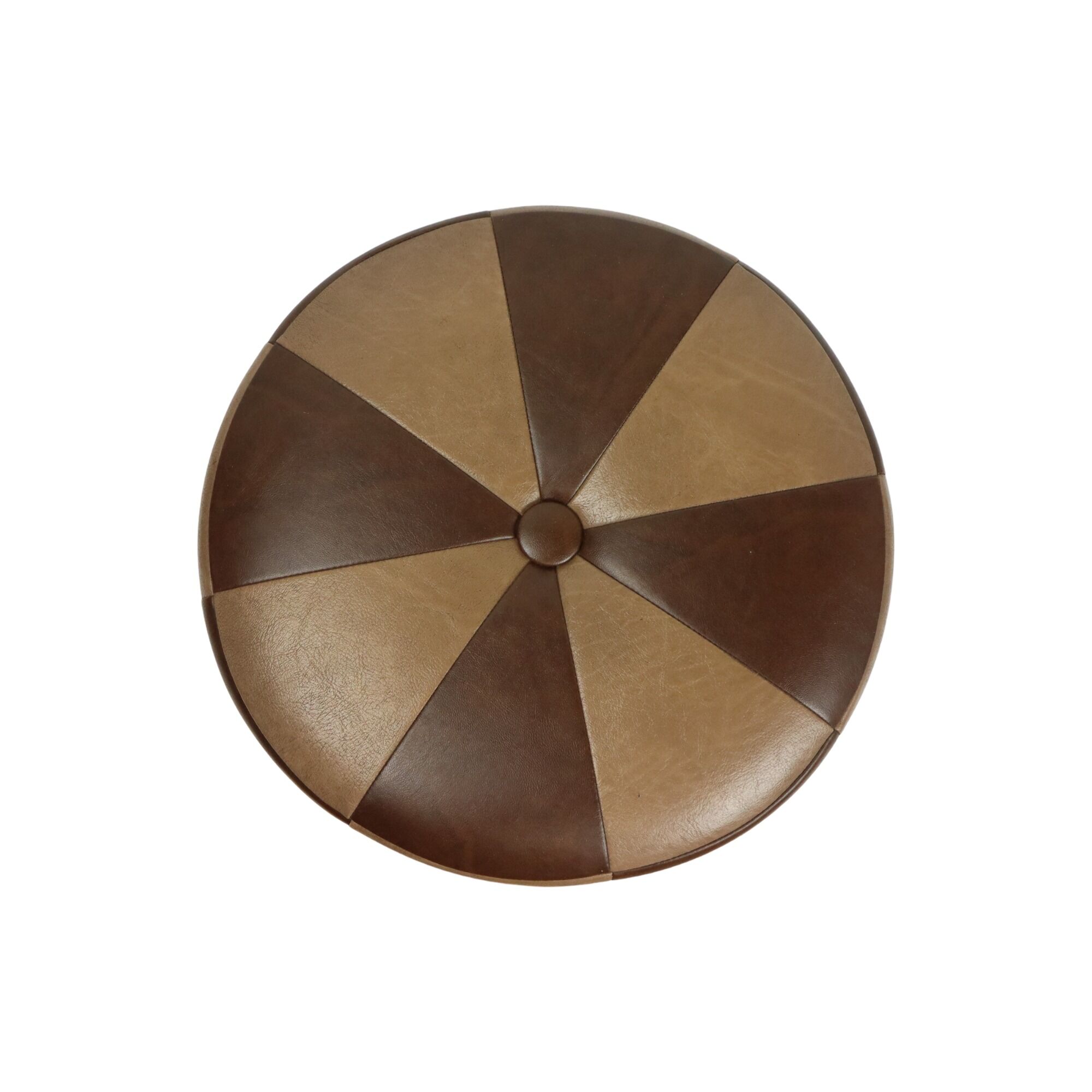 Vintage round pouf skai leather wood footstool brown pattern 44cm