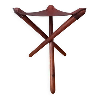 Tabouret pliant en cuir et bois