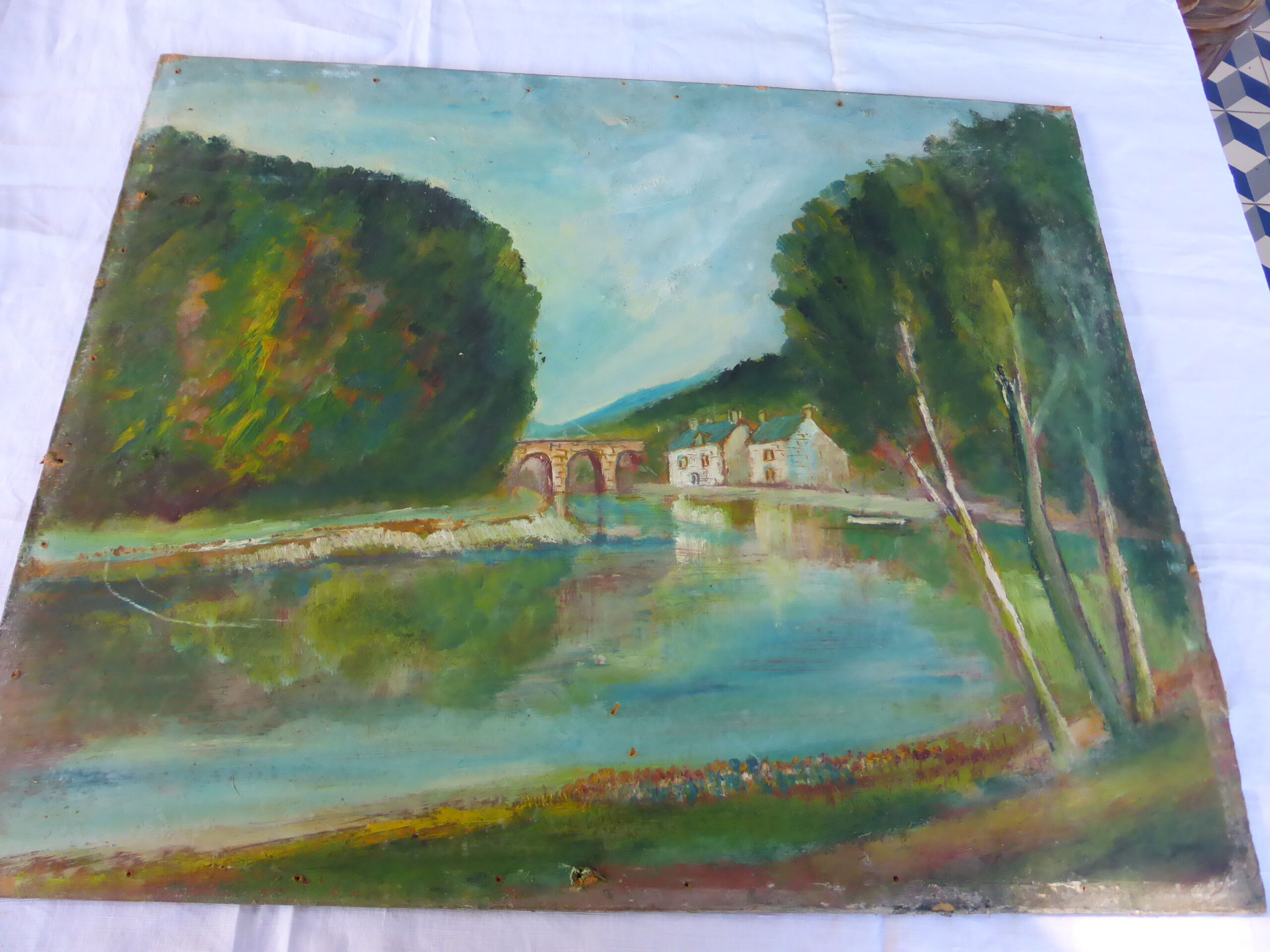 Table the mill by the vintage river 1950, unsigned