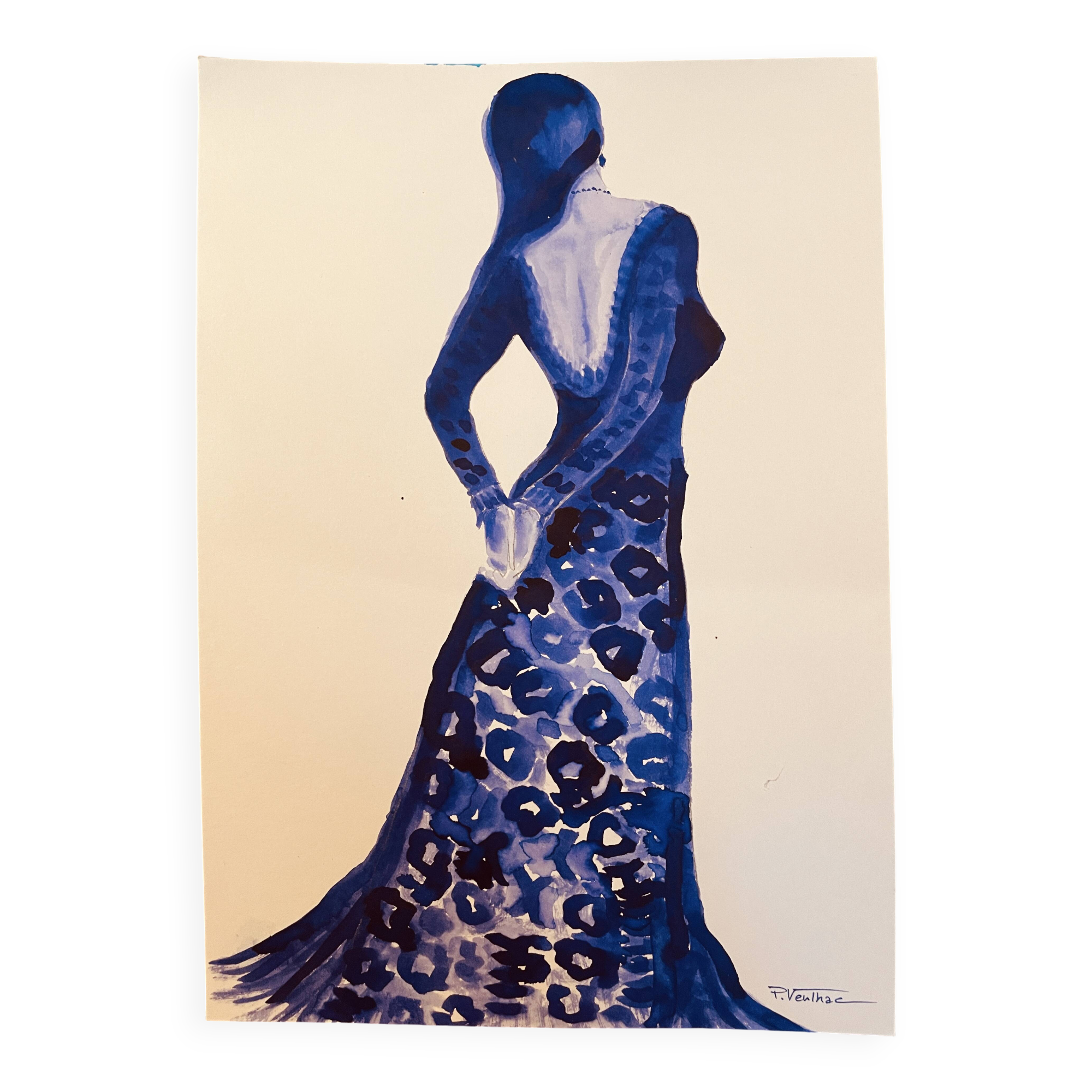 Monochrome indigo watercolour portrait of a woman "the indigo dress"